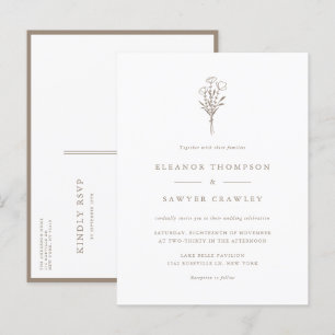 Taupe Minimalist Floral Bouquet Wedding Invitation Postcard