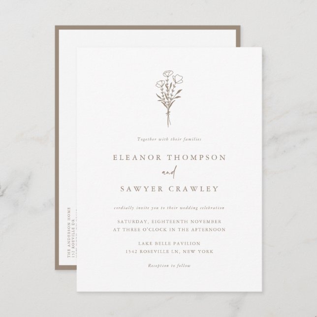 Taupe Minimalist Floral Bouquet Wedding Invitation Postcard (Front/Back)
