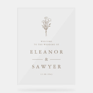Taupe Minimalist Floral Bouquet Wedding Welcome Acrylic Sign