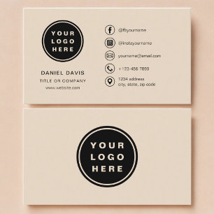 Taupe Minimalist Logo with Social Media Icons Business Card