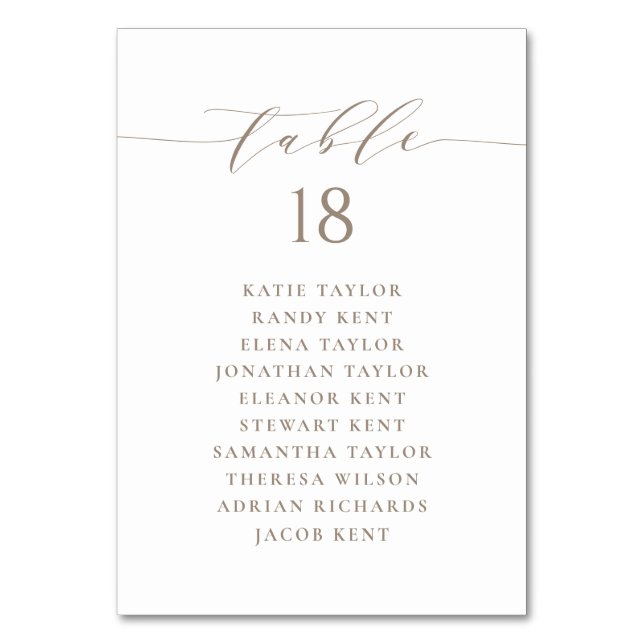 Taupe Minimalist Script Wedding Seating Plan Table Number (Front)