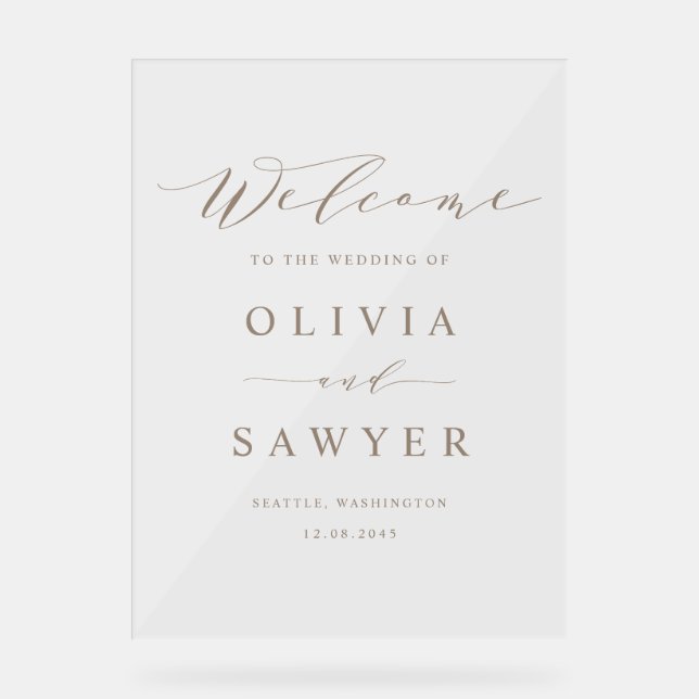 Taupe Minimalist Script Wedding Welcome Acrylic Sign (Front)