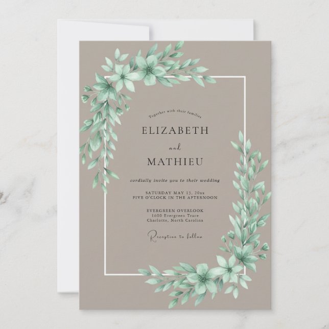 Taupe Mint Foliage Eucalyptus Wedding Invitation (Front)