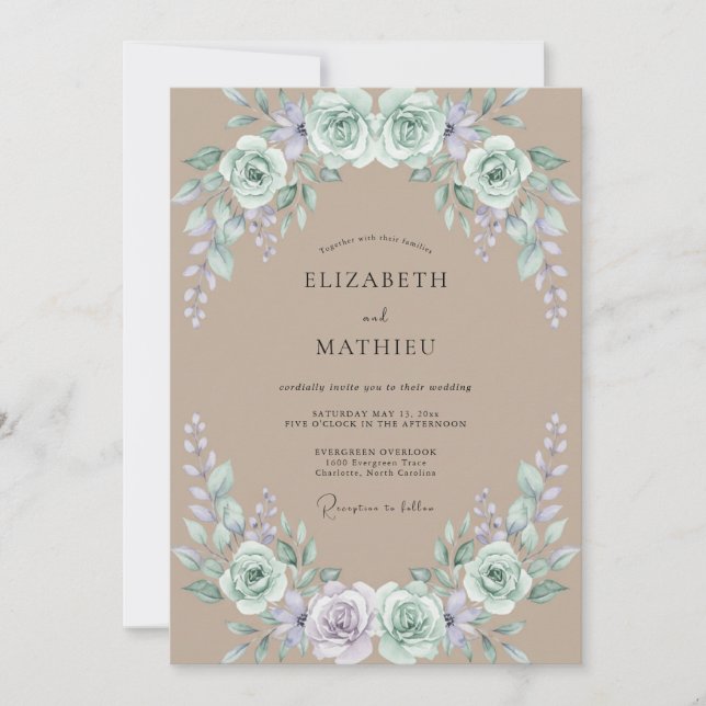 Taupe Mint Ranunculus Dusty Eucalyptus Wedding Invitation (Front)