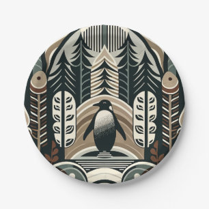 Taupe Mocha Ivory Penguin Forest With Arcs Trees  Paper Plate