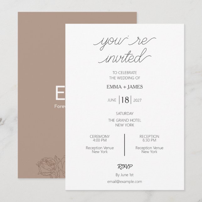 Taupe Mocha Minimalist Wedding Invitation (Front/Back)