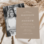 Taupe Modern Elegance Photo Wedding Invitation<br><div class="desc">Minimalist,  modern wedding invitation featuring your wedding details in white lettering with calligraphy script accents with a taupe background or colour of your choice. The back of the trendy wedding invitation displays your vertical engagement photo. Designed to coordinate with our Modern Elegance wedding collection.</div>