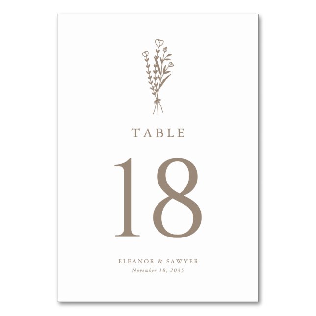 Taupe Modern Minimalist Floral Bouquet Wedding Table Number (Front)
