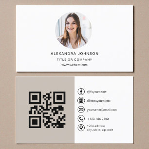 Taupe Modern Photo with QR Code Social Media Business Card