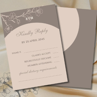 Taupe Monogram Floral Japandi Wedding RSVP Card