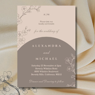 Taupe Monogram Floral Minimalist Japandi Wedding   Invitation