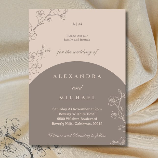 Taupe Monogram Floral Minimalist Japandi Wedding   Invitation (Creator Uploaded)