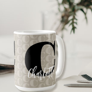 Taupe Monogram Pattern Black White Script Name  Coffee Mug
