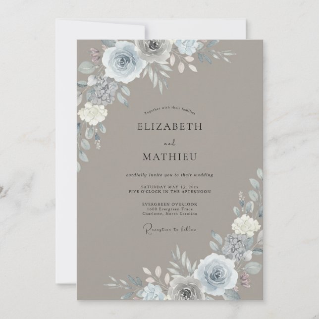 Taupe Muted Silver Leafy Wedding Invitation (Front)