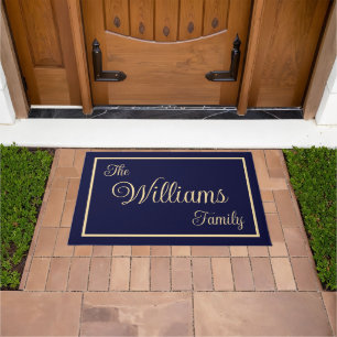 Taupe Navy Elegant Script Family Name Welcome Gift Doormat