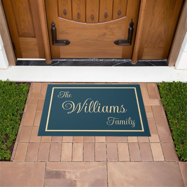 Taupe Navy Elegant Script Family Name Welcome Gift Doormat (Outdoor)