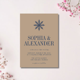 Taupe & Navy Minimalist Winter Snowflake Wedding Invitation
