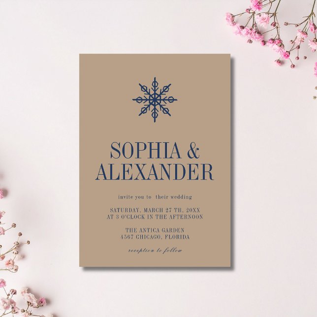Taupe & Navy Minimalist Winter Snowflake Wedding Invitation (Creator Uploaded)