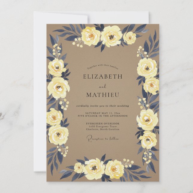 Taupe Navy Ranunculus Eucalyptus Wedding Invitation (Front)