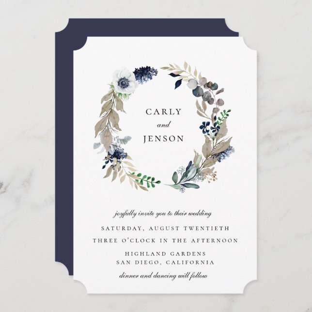 Taupe + Navy Wreath Wedding Invitation (Front/Back)