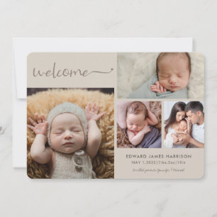 Taupe Neutral Baby Announcement Photo Collage Card