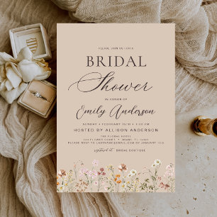 Taupe Neutral Boho Wildflower Bridal Shower  Invitation