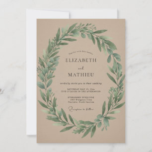 Taupe Olive Wreath Wedding Invitation