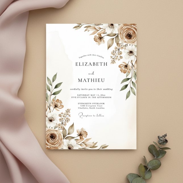 Taupe Painterly Bloom Wedding Invitation (Creator Uploaded)