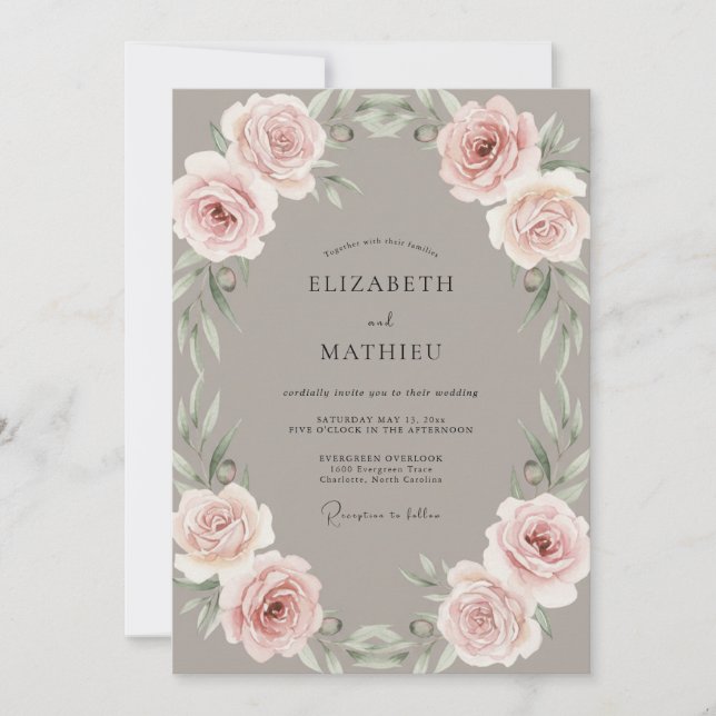 Taupe Pale Blush Peony Wedding Invitation (Front)