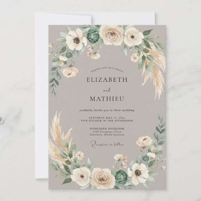 Taupe Pampas Dried Eucalyptus Wedding Invitation (Front)