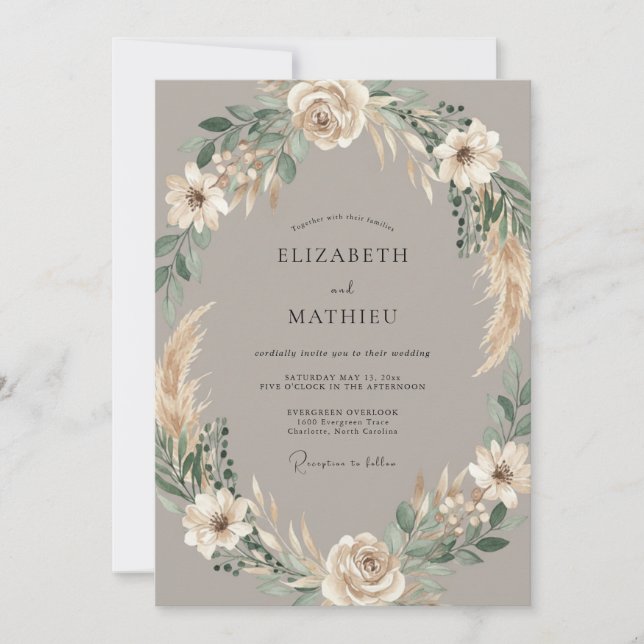 Taupe Pampas Wreath Wedding Invitation (Front)
