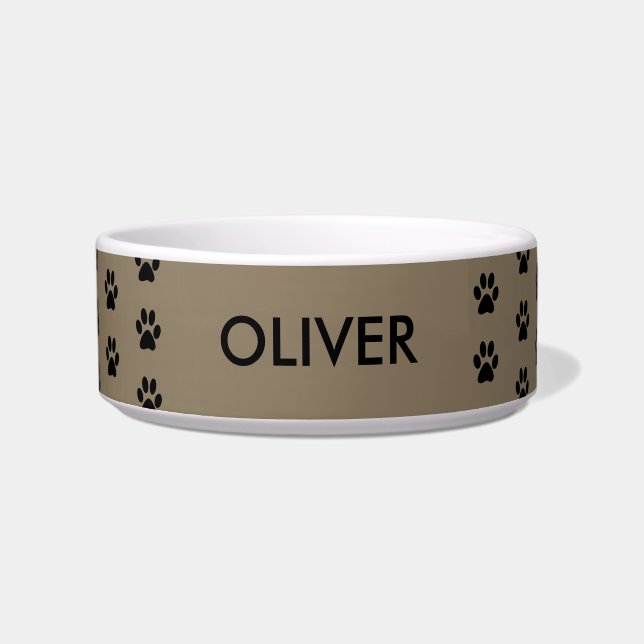 Taupe Paw Print Pattern Personalised Name Pet Bowl (Front)