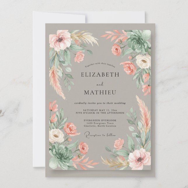 Taupe Peach Pampas Eucalyptus Wedding Invitation (Front)