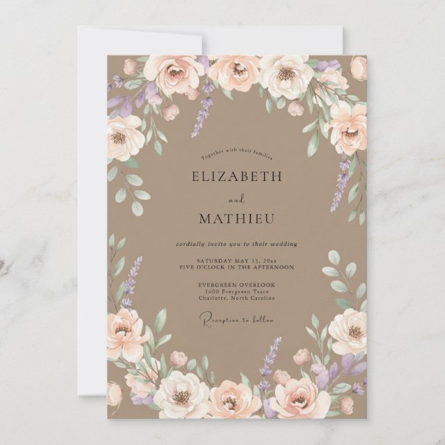 Taupe Peach Ranunculus Eucalyptus Wedding Invitation (Front)