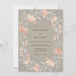 Taupe Peach Wreath Wedding Invitation