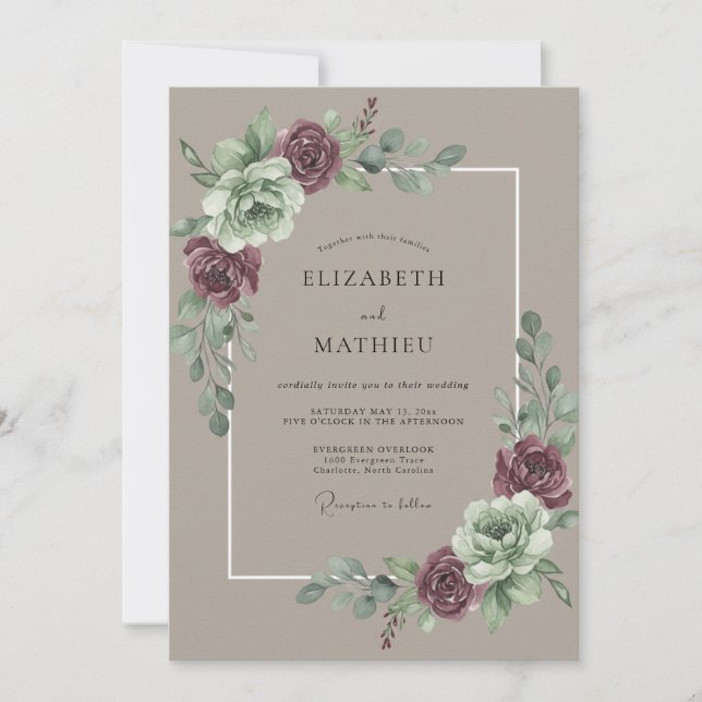 Taupe Peony Wedding Invitation (Front)