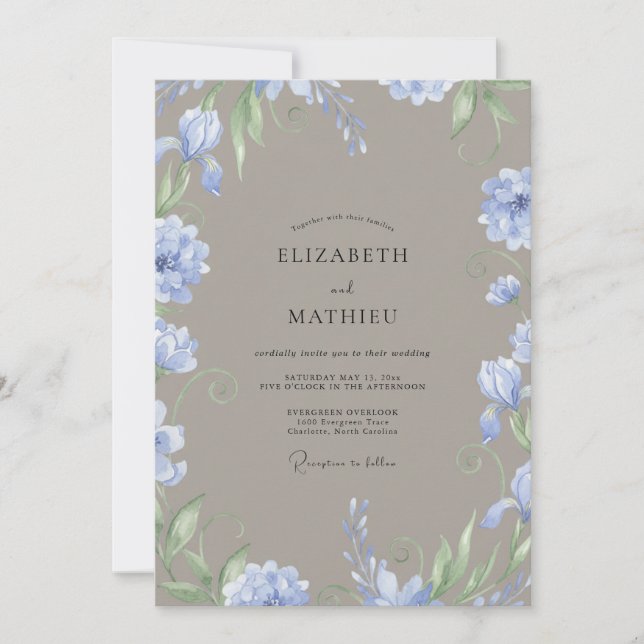 Taupe Periwinkle Watercolor Wedding Invitation (Front)