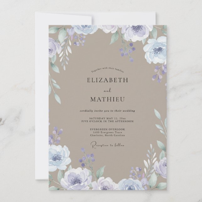 Taupe Periwinkle Wildflower Wedding Invitation (Front)