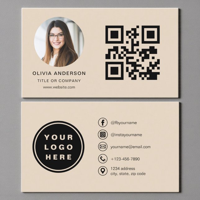 Taupe Photo with QR Code Social Media Business Card (Creator Uploaded)