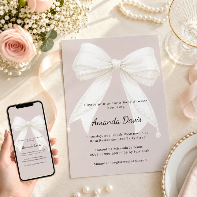 Taupe pink ivory bow Baby Shower Invitation (Creator Uploaded)