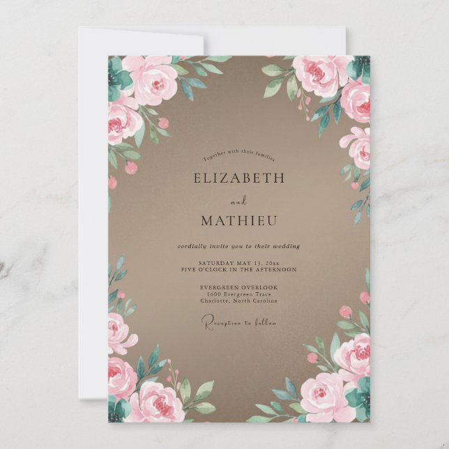 Taupe Pink Leafy Wedding Invitation (Front)