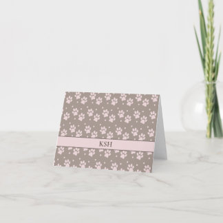 Taupe & Pink Paw Folded Note Card-Personalised Thank You Card