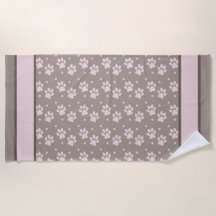 Taupe & Pink Paw Print Beach Towel – Soft Neutral 