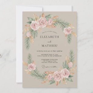 Taupe Pink Wreath Wedding Invitation