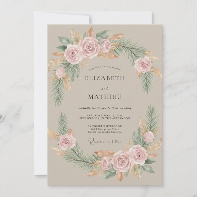 Taupe Pink Wreath Wedding Invitation (Front)