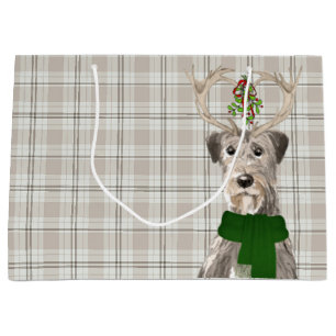 Taupe Plaid and Irish Wolfhound Dog Lover Holiday Large Gift Bag