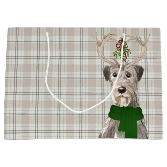 Taupe Plaid and Irish Wolfhound Dog Lover Holiday Large Gift Bag (Front)