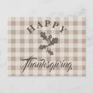 Taupe Plaid Modern Foliage Happy Thanksgiving Holiday Postcard