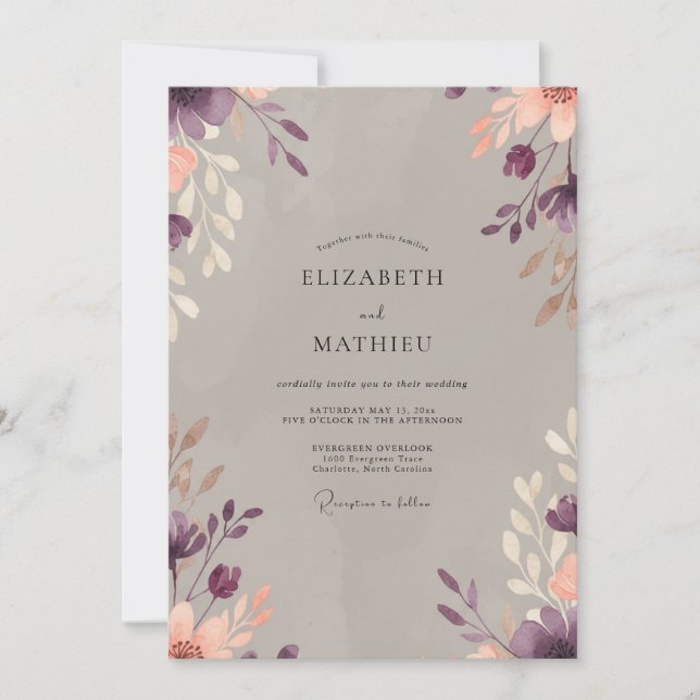 Taupe Plum Petal Wedding Invitation (Front)