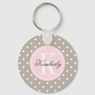Taupe Polka Dot with Pink Monogram Key Ring
